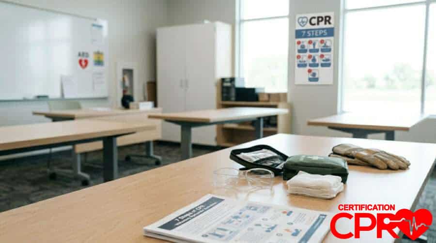 CPR training setup with manikins and instructional materials in Tallahassee.