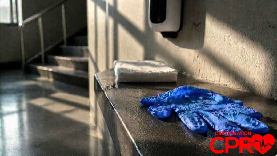 CPR training gloves and mask on a training station in Tallahassee.